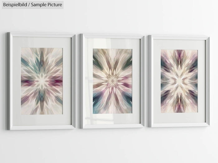 Three framed abstract paintings with symmetrical, starburst patterns in neutral colors on a white wall.