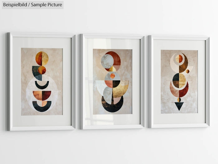 Trio of framed abstract art with geometric shapes in earthy tones on a white wall.