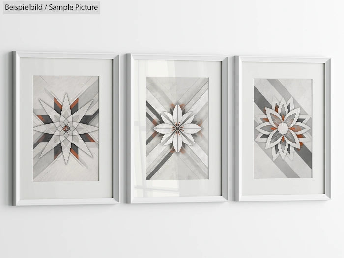 Three framed geometric flower artwork with neutral gray and brown tones.