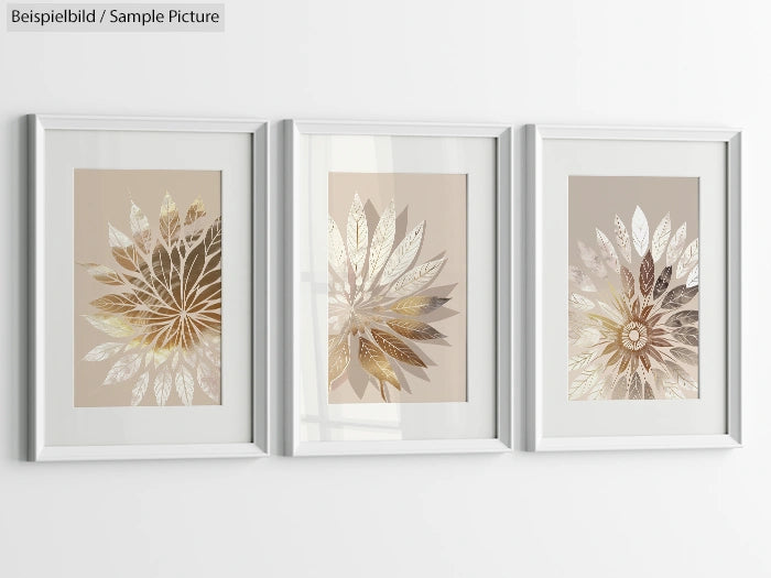 Three framed floral artworks with metallic leaf patterns on beige backgrounds, hung on a white wall.