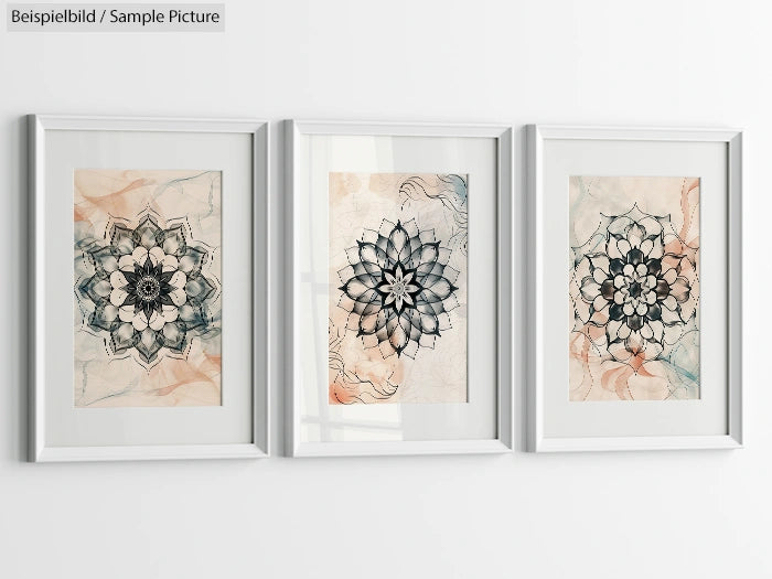 Three framed wall art pieces with intricate black mandala designs on light abstract backgrounds.