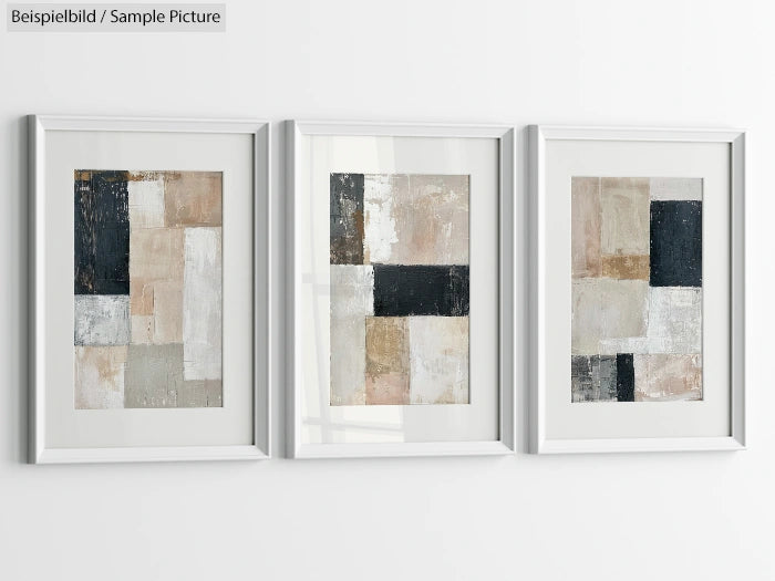 Set of three framed abstract paintings with geometric patterns in neutral tones on a white wall.