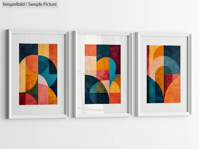 Three framed abstract artworks with geometric patterns in bold colors on a white wall.