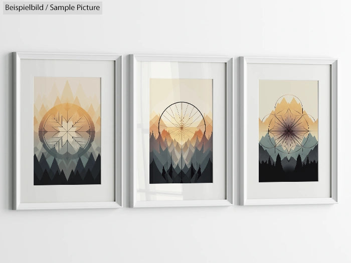 Three framed geometric art prints with mountain motifs in gradient colors, mounted on a white wall.