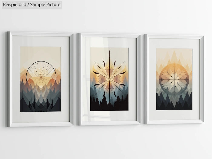 Triptych of framed abstract geometric mountain art in shades of blue and orange.