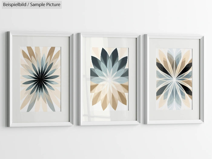 Three framed abstract floral patterns in beige, blue, and black on a white wall.