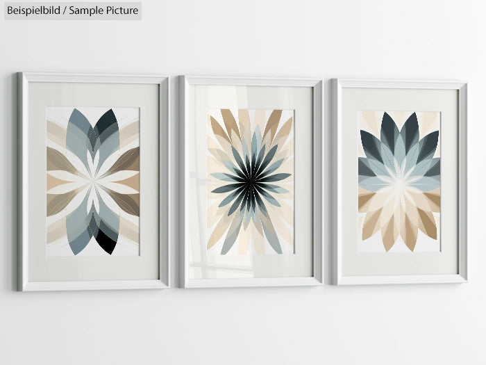 Triptych art piece with geometric floral designs in blue, beige, and brown hues in white frames.