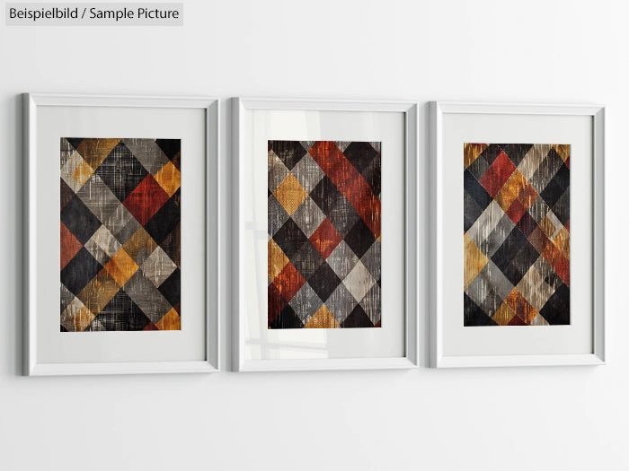 Three framed abstract art pieces with multicolored diamond patterns on a white wall.