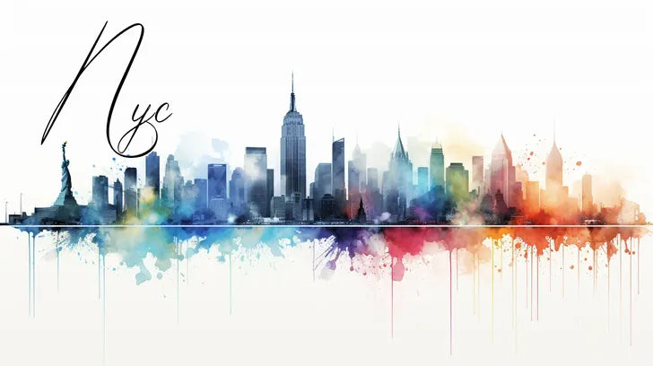 Colorful watercolor skyline of New York City with "Nyc" in elegant script, featuring prominent skyscrapers and Statue of Liberty.