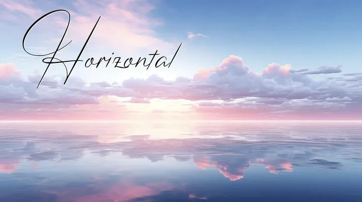 Serene ocean sunset with pink clouds and 'Horizontal' text overlay.