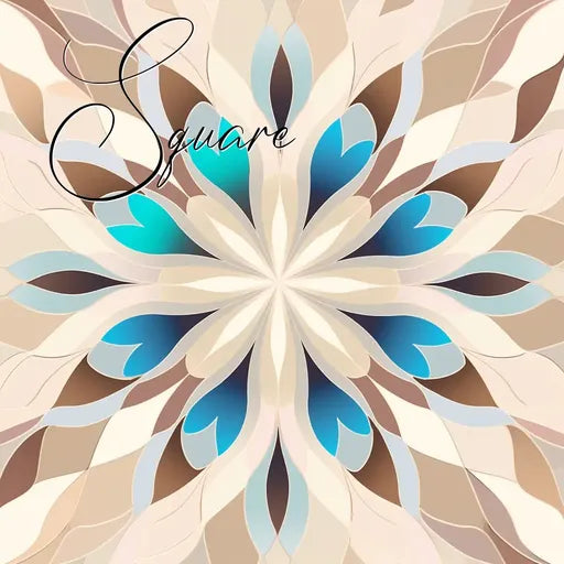 Abstract floral pattern with beige, blue, and brown petals and the word 'Square' in cursive at the top left.