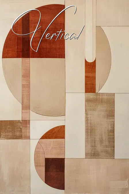 Abstract geometric painting with rectangles and circles in beige, brown, and cream tones. "Vertical" text overlay.