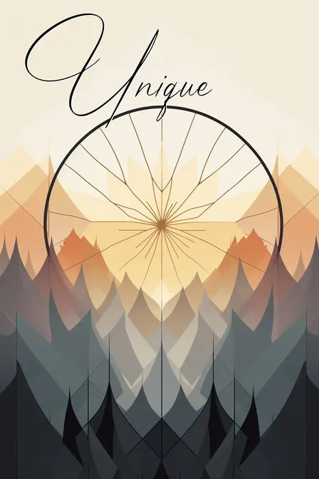 Abstract mountain landscape with sunburst and 'Unique' text overlaid.