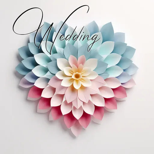 Heart-shaped paper art with pink, blue, and white petals, and the word 'Wedding' in elegant script.