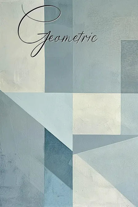 Abstract geometric art with blue and white shapes.