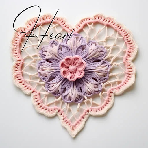 Crochet heart with pink and purple floral design on white background, featuring the word 'Heart' in script.