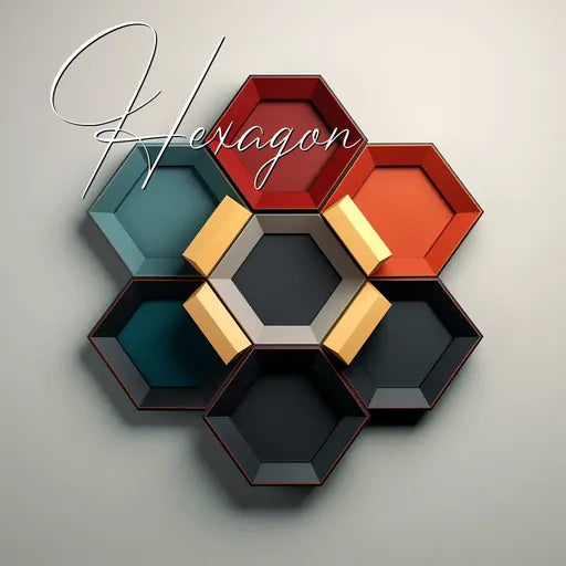 Colorful hexagonal shelf units arranged in a flower pattern on a light wall background.