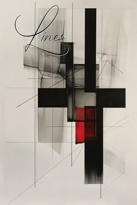 Abstract artwork with intersecting black lines and red blocks on a white background, with the word "Lines" in cursive.