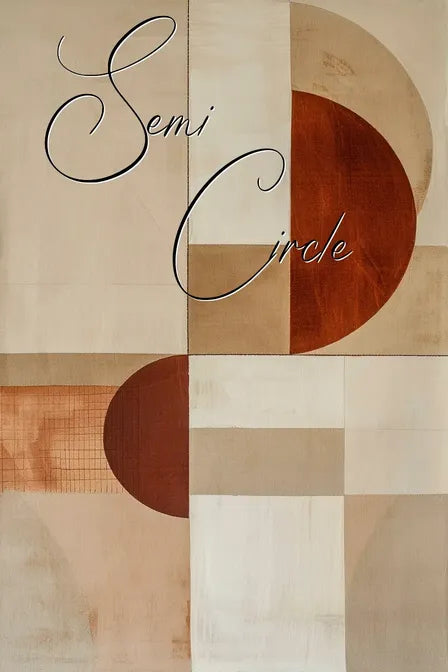 Abstract geometric painting with beige, brown, and red semicircles, overlaid with the words 'Semi Circle.'