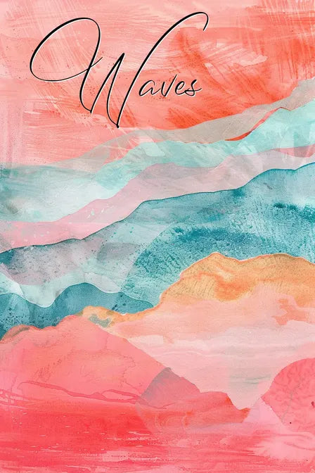 Abstract painting with waves of pink, green, and blue hues.