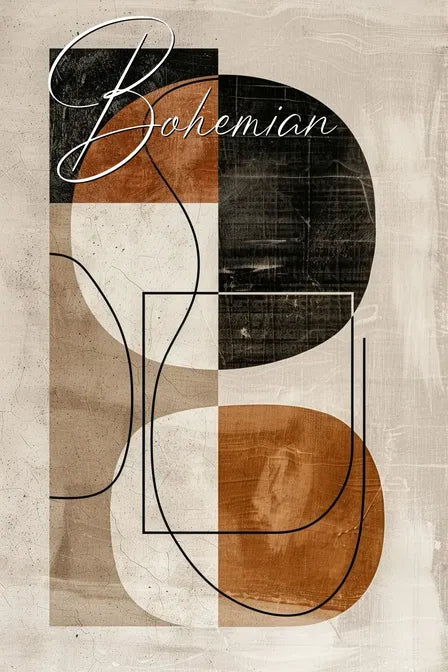 Abstract Bohemian art with large geometric shapes and line patterns in earthy tones of brown, black, and cream.