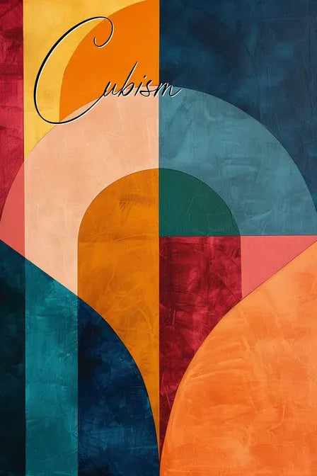 Abstract cubism artwork with geometric shapes in blue, orange, and red, featuring the word "Cubism" in elegant script.