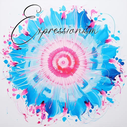 Abstract pink and blue splatter art with the word 'Expressionism' in cursive, centered on a white background.