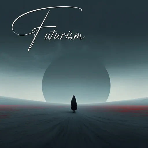 Silhouette walking towards a large sphere under a dark sky, with "Futurism" written in elegant script above.