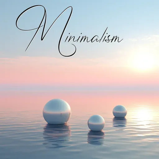 Minimalist design with serene water scene and floating spheres at sunrise.