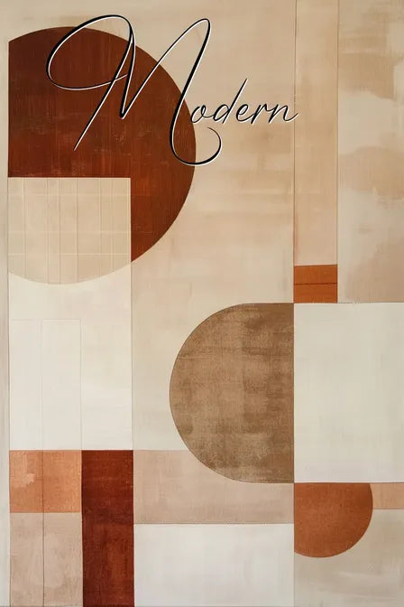 Geometric abstract painting with warm tones and modern text overlay.