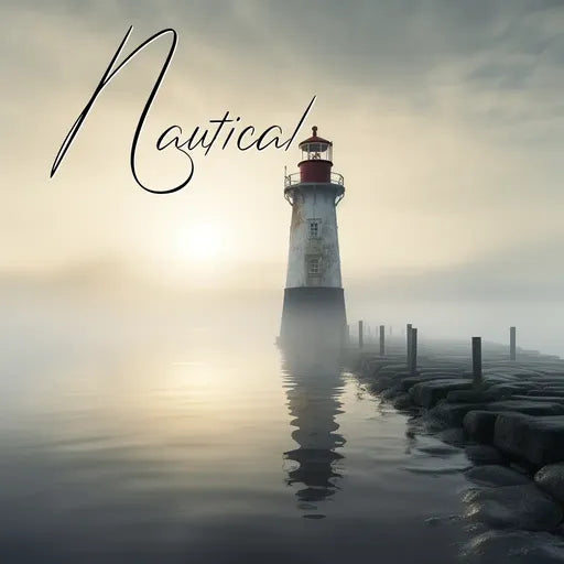 Foggy lighthouse on calm water at sunrise, with 'Nautical' text overlay.