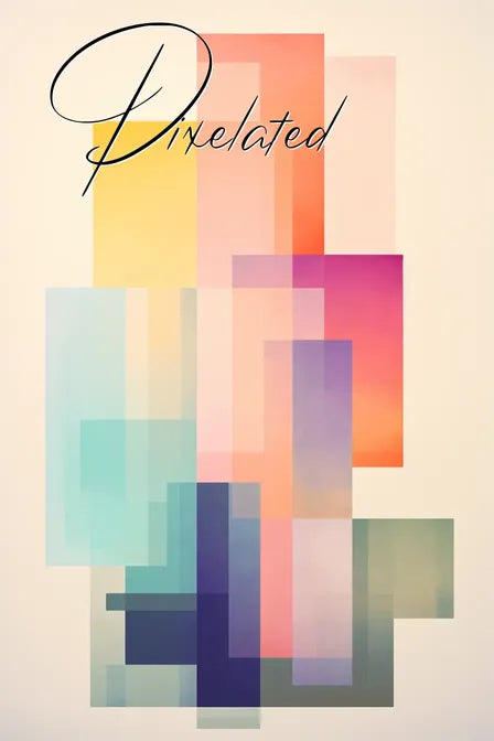 Abstract artwork with overlapping colorful rectangles in pastel shades under the word 'Pixelated' in cursive.