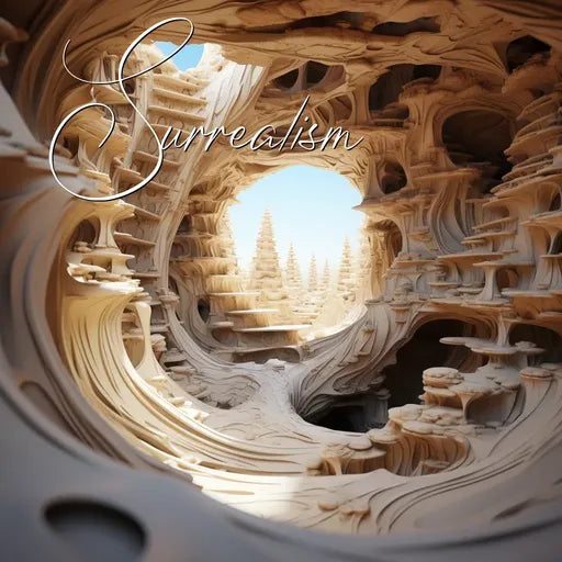 Surreal cave structure with intricate carvings and light streaming through, accompanied by the word 'Surrealism' in script.