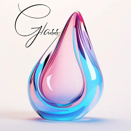 Elegant glass sculpture with pink and blue gradients under the word 'Glass' in cursive lettering.