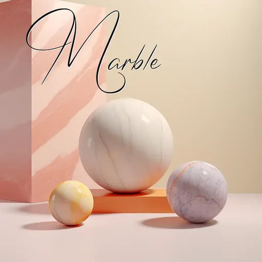 Four marble spheres in various colors on a reflective surface with 'Marble' text in elegant font.