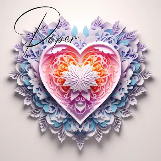 Intricate paper art heart with layers of floral and geometric patterns in pastel colors, featuring the word 'Paper.'