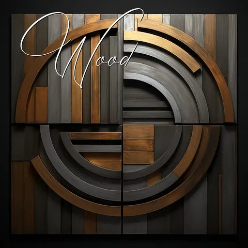 Abstract wooden wall art with geometric circle patterns and various shades of brown and gray. Text reads: Wood.